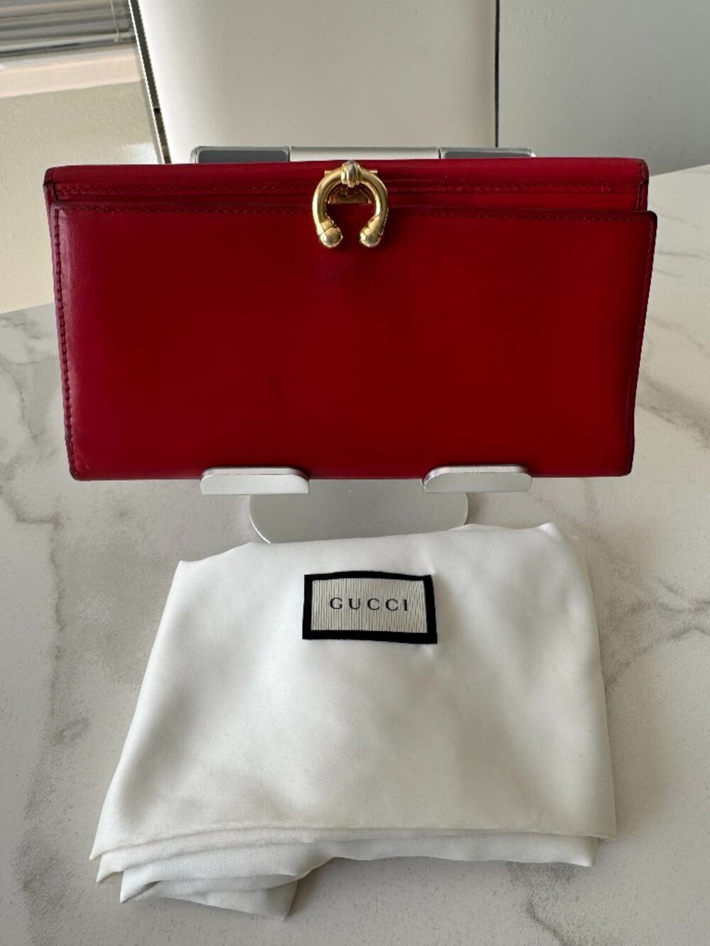 Gucci Vintage Red Leather Horseshoe Flip Lock Continental Wallet